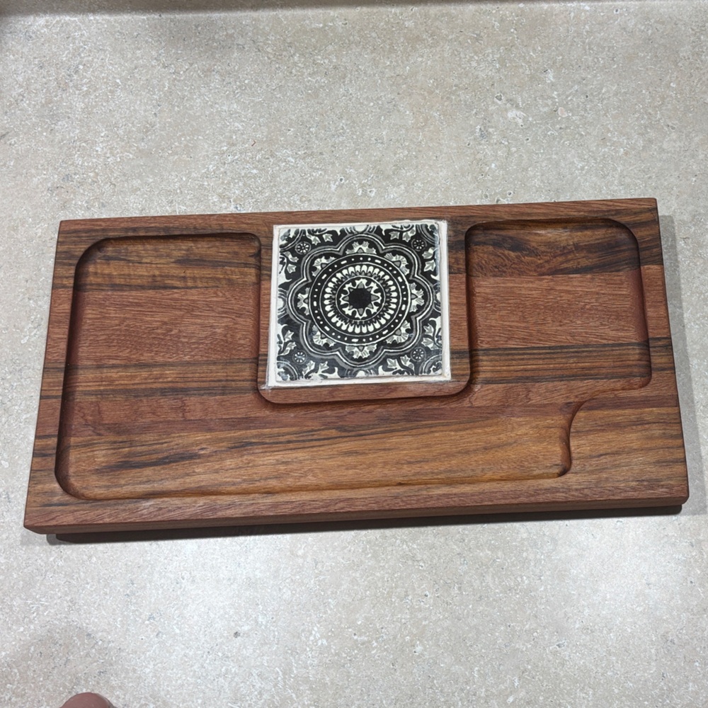 Wooden Serving Tray with Tile Inlay